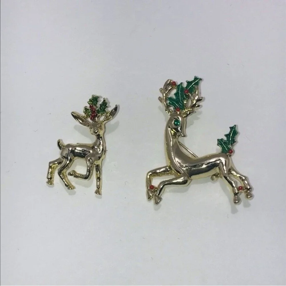 Vintage Gerry's Reindeer Gold tone Enamel Brooch Pins Costume Jewelry Set of 2